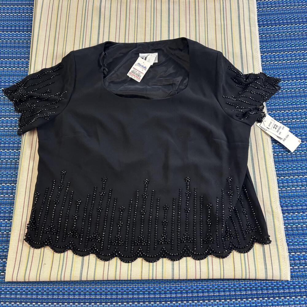 S.L. Fashions Blouse Womens 22W Plus Black Beaded Square Neck Short Sleeve NWT